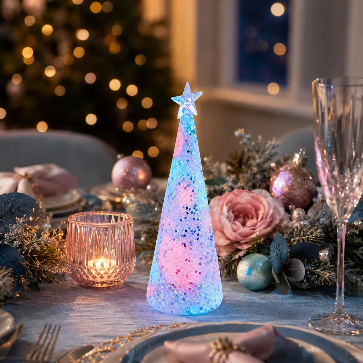 Beleuchteter RGB LED Tannenbaum als Tischdekoration auf einer festlich gedeckten Weihnachtstafel in Blau und Rosa