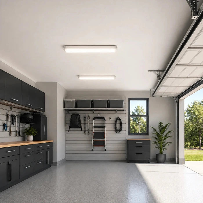Zwei eingeschaltete LED Universalleuchten IP65 mit neutralweißem 4000-K-Licht an der Decke einer modernen Garage