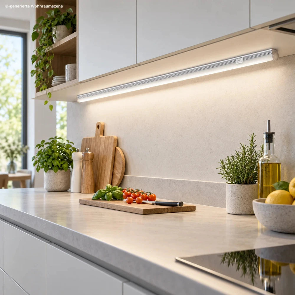 115 cm lange LED-Lichtleiste als Unterbauleuchte unter einem Küchenschrank, die die Arbeitsplatte gleichmäßig beleuchtet.