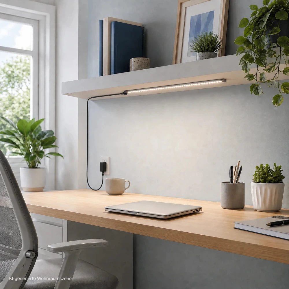 Eingeschaltete 50 cm LED Unterbauleuchte unter einem Regal in einem modernen Arbeitszimmer