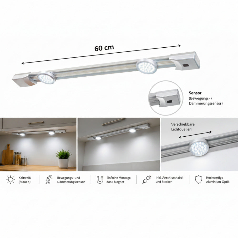 LED Unterbauleuchte Monza 60 cm mit Bewegungsmelder und verstellbaren LED-Spots in Kaltweiß