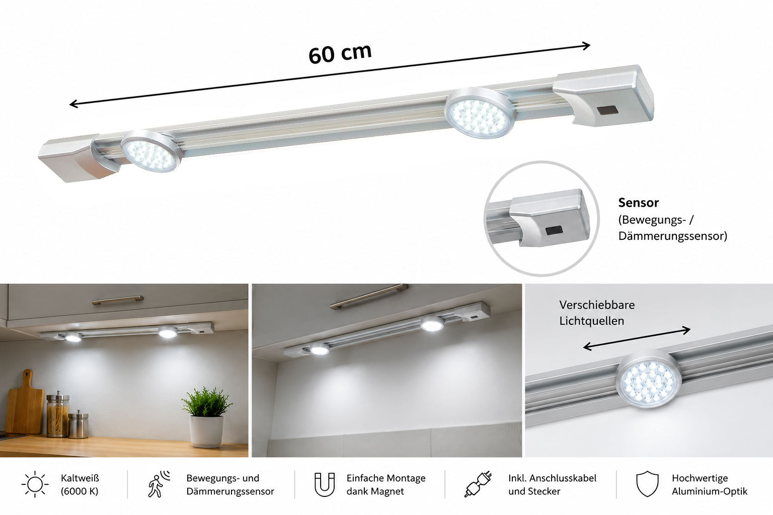 LED Unterbauleuchte Monza 60 cm mit Bewegungsmelder und verstellbaren LED-Spots in Kaltweiß