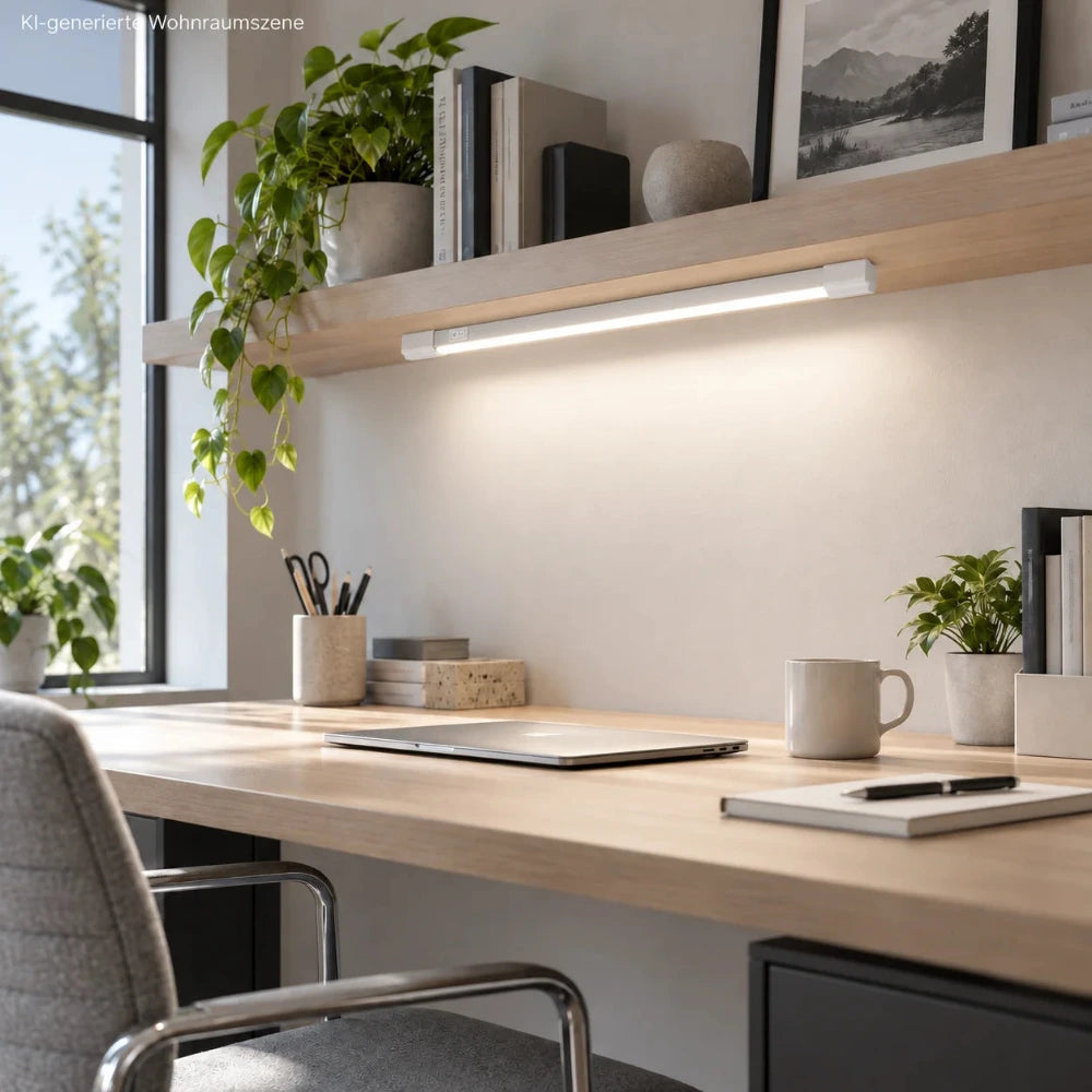 LED Unterbauleuchte mit 65 cm Länge unter einem Wandregal im Arbeitszimmer und eingeschaltet zur Beleuchtung des Schreibtischs.