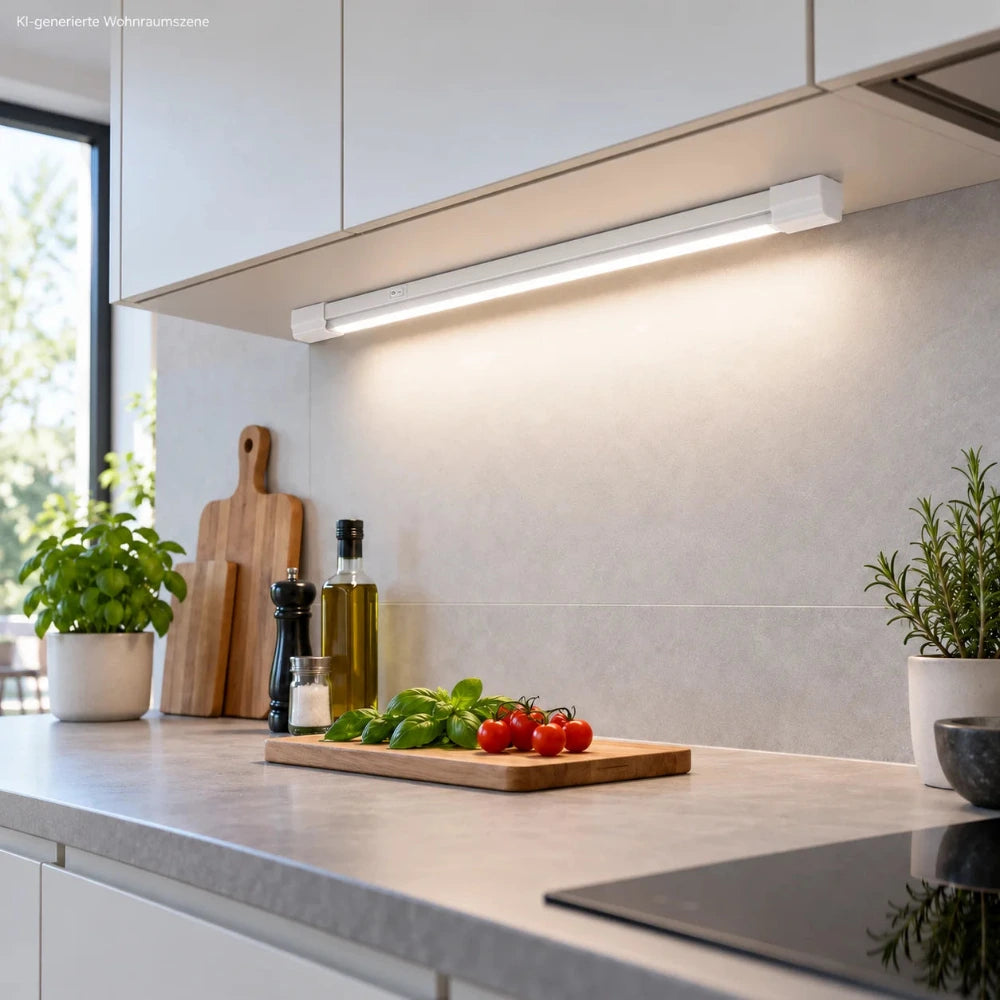 65 cm lange LED Unterbauleuchte unter einem Küchenschrank und eingeschaltet zur gleichmäßigen Beleuchtung der Arbeitsplatte.
