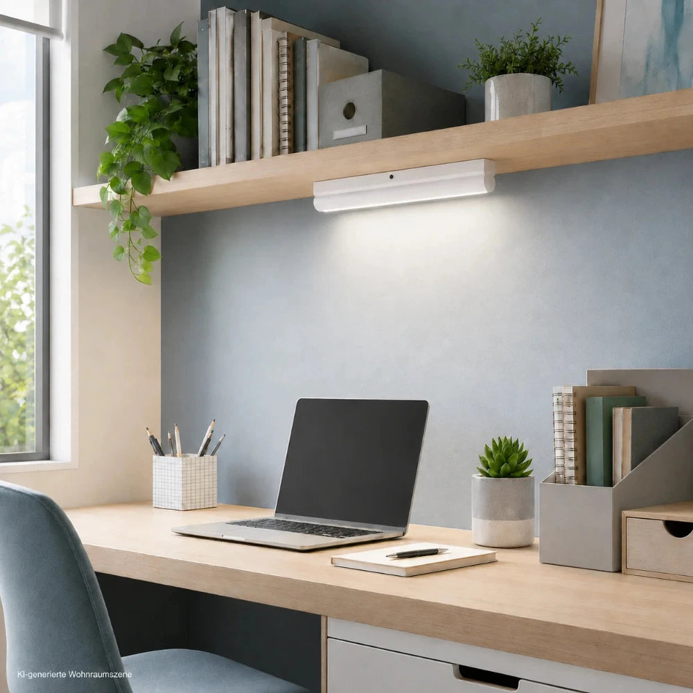 Weiße LED Unterbauleuchte Küche Starled Combi 6W montiert unter einem Regal in einem modernen Arbeitszimmer und beleuchtet die Arbeitsfläche gleichmäßig.