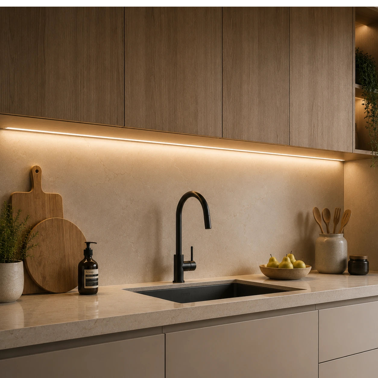 Moderne Küche mit warmer LED-Unterbauleuchte, Holzschränken, schwarzer Armatur und heller Arbeitsplatte