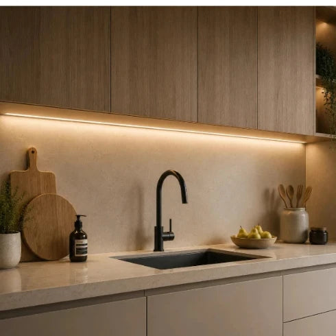 Moderne Küche mit warmer LED-Unterbauleuchte, Holzschränken, schwarzer Armatur und heller Arbeitsplatte