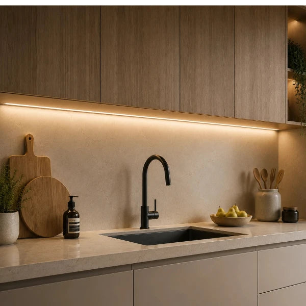 Moderne Küche mit warmer LED-Unterbauleuchte, Holzschränken, schwarzer Armatur und heller Arbeitsplatte