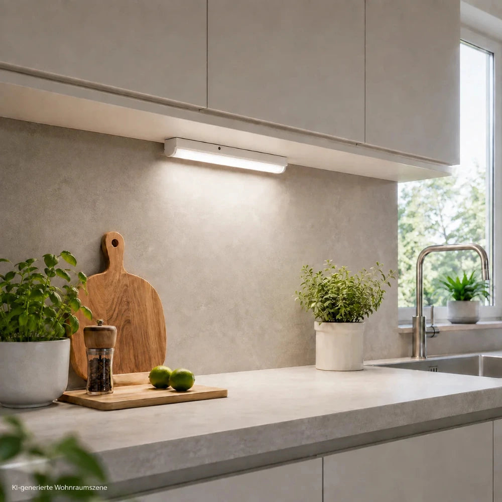 Weiße LED Unterbauleuchte Küche Starled Combi 6W unter einem Hängeschrank in einer modernen Küche, mit gleichmäßiger Beleuchtung der Arbeitsplatte.