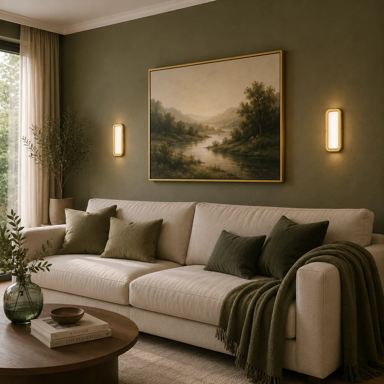 LED Wandleuchte Hendrik in Messing Gold mit warmweißem Licht als moderne Wohnzimmerbeleuchtung über heller Sofa-Landschaft.