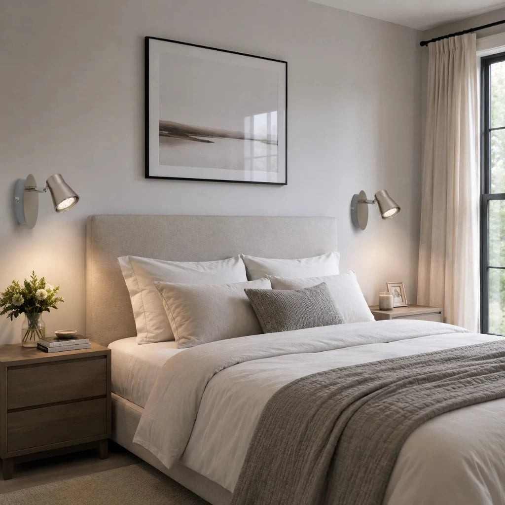 Zwei eingeschaltete LED-Wandleuchten in Nickel matt als Leseleuchten beidseitig neben einem modernen Bett im hellen Schlafzimmer.