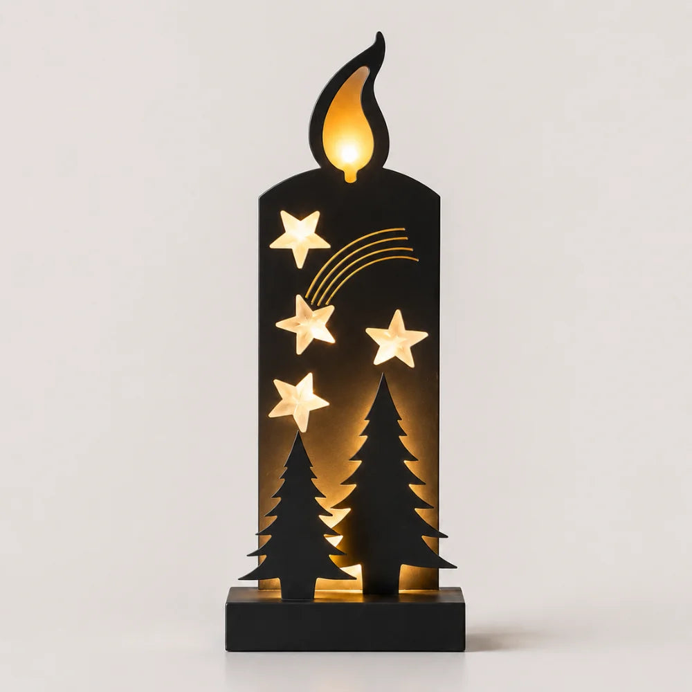 Schwarze LED-Weihnachtsdeko in Kerzenform mit leuchtenden Sternen und Tannenbaum-Motiven.