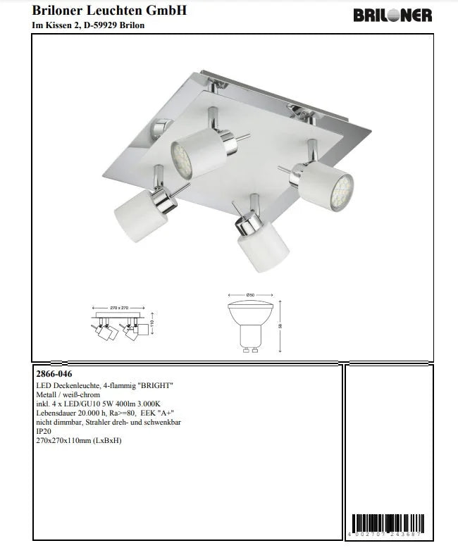 led deckenleuchte eckig weiss 27cm modern 4flg mit 4 strahlern warmweiss leuchtmittel austauschbar briloner 2866-046 