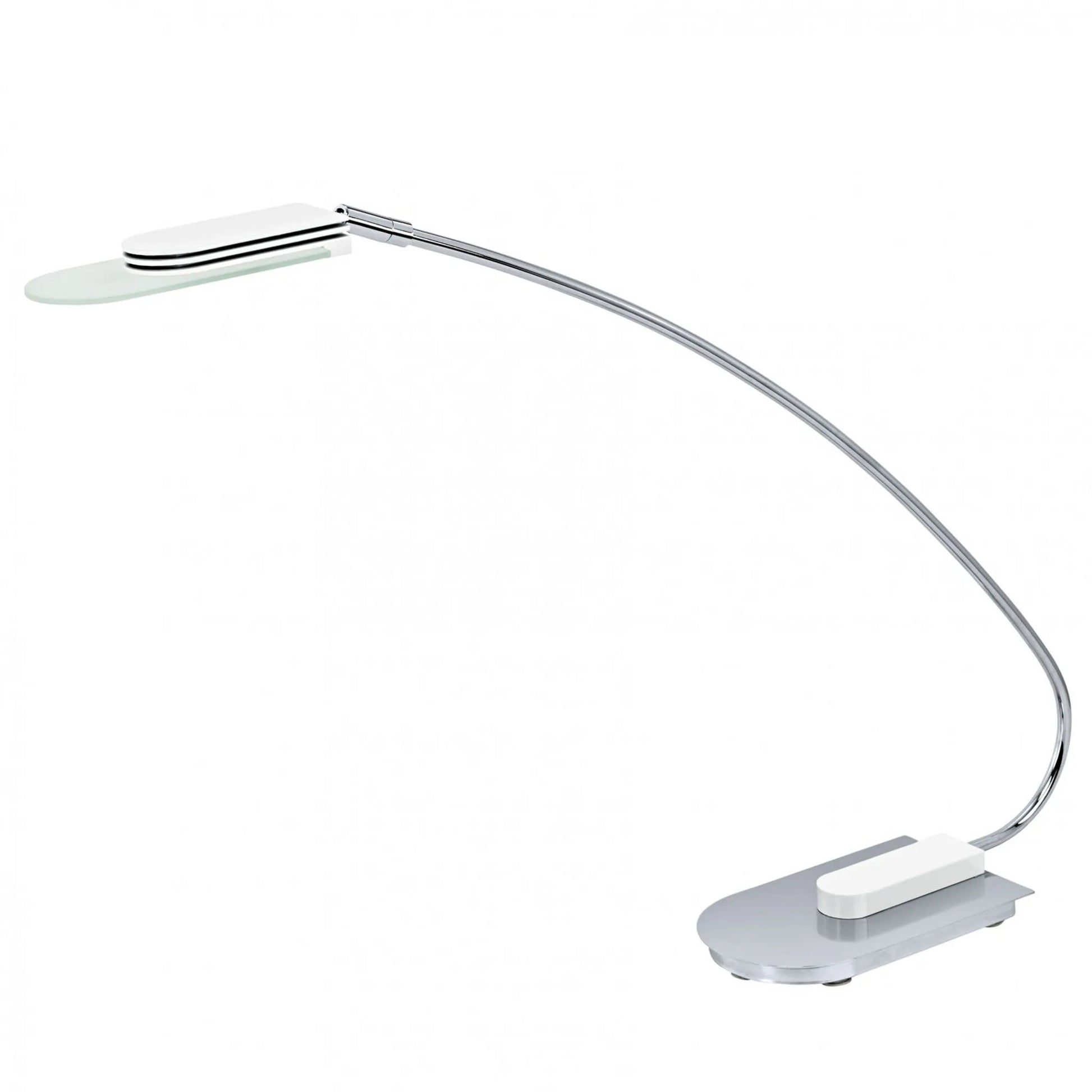 Schreibtischleuchte LED weiß chrom modern Kopf drehbar warmweiß 3000K Höhe 43cm Fuß 16 lang und 9,5 cm breit  und schwenkbar mit abgerundeten Fuß und dekorativen satinierten Glas  EGLO Ocaso 90892