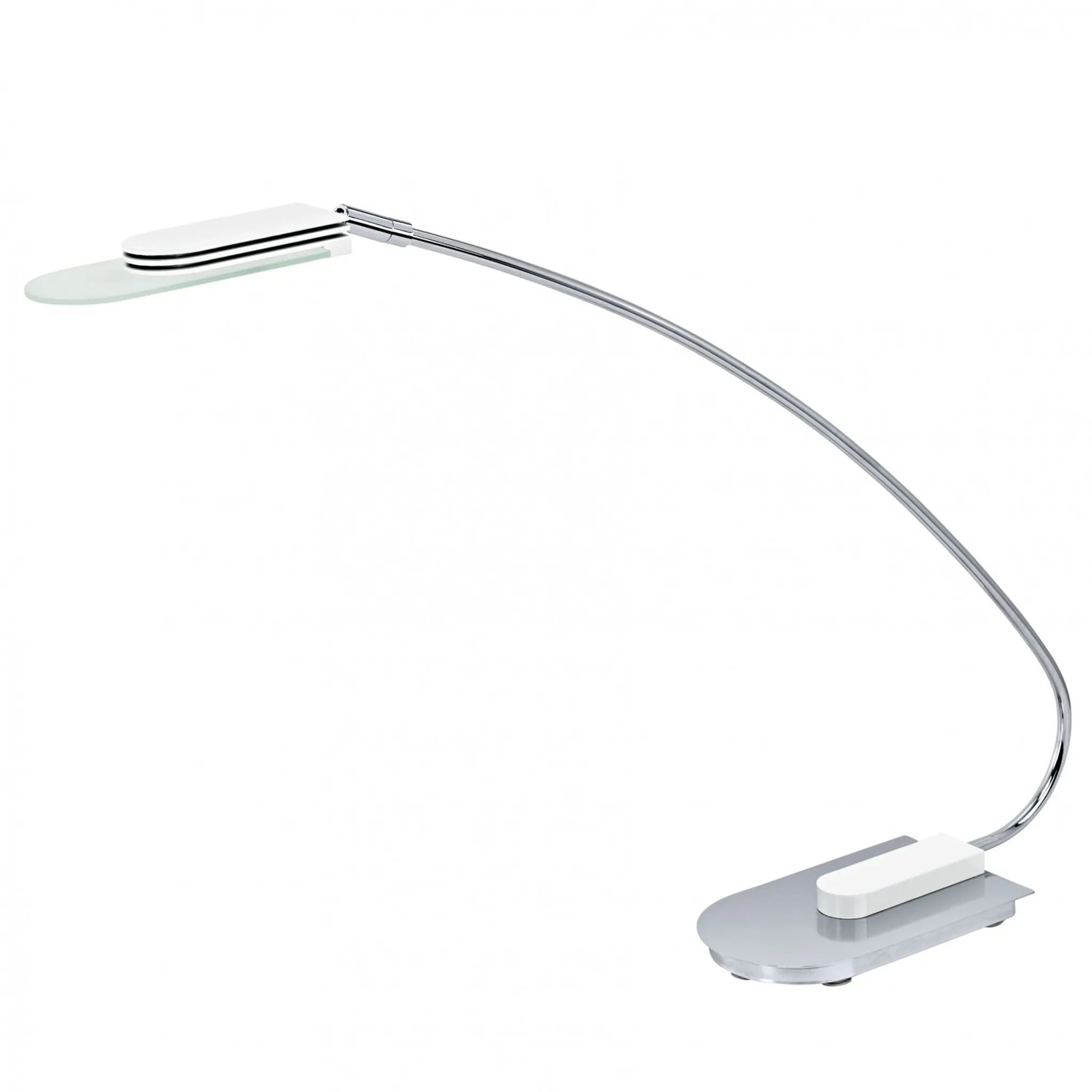 Schreibtischleuchte LED weiß chrom modern Kopf drehbar warmweiß 3000K Höhe 43cm Fuß 16 lang und 9,5 cm breit  und schwenkbar mit abgerundeten Fuß und dekorativen satinierten Glas  EGLO Ocaso 90892
