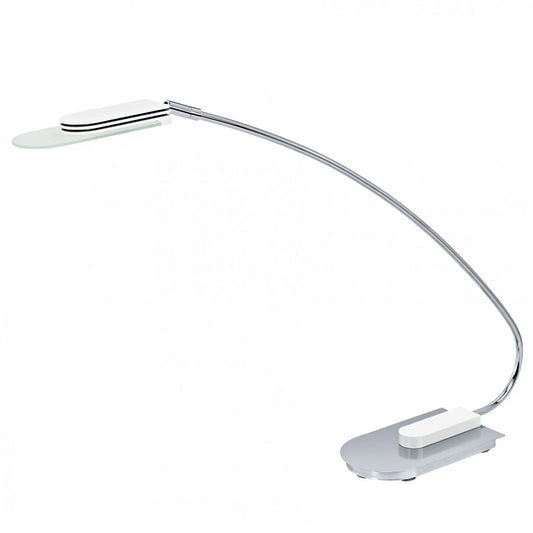 Schreibtischleuchte LED weiß chrom modern Kopf drehbar warmweiß 3000K Höhe 43cm Fuß 16 lang und 9,5 cm breit  und schwenkbar mit abgerundeten Fuß und dekorativen satinierten Glas  EGLO Ocaso 90892