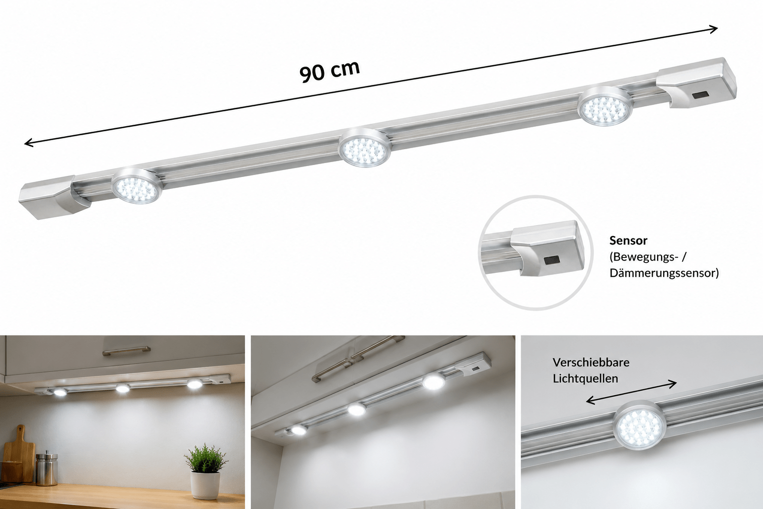 LED Leuchte 90 cm mit Bewegungs- bzw. Sensorschaltung und flexibel verschiebbaren LED-Spots in Kaltweiß