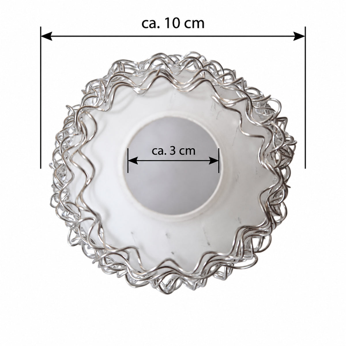 Lampenglas weiß aus Milchglas, Glaskugel Ø 100 mm mit 30 mm Aufnahmeöffnung und silbernem Drahtdekor