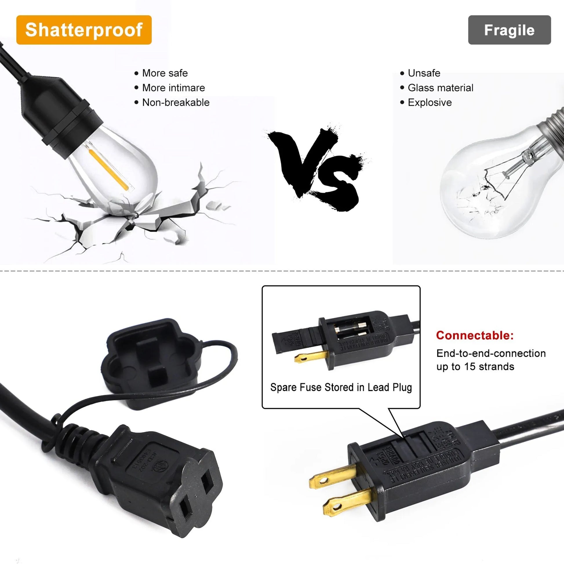 LED Lichterkette 10m für außen warmweiß mit 12 retro led Glühbirnen IP65 verbinbdar mit stecker