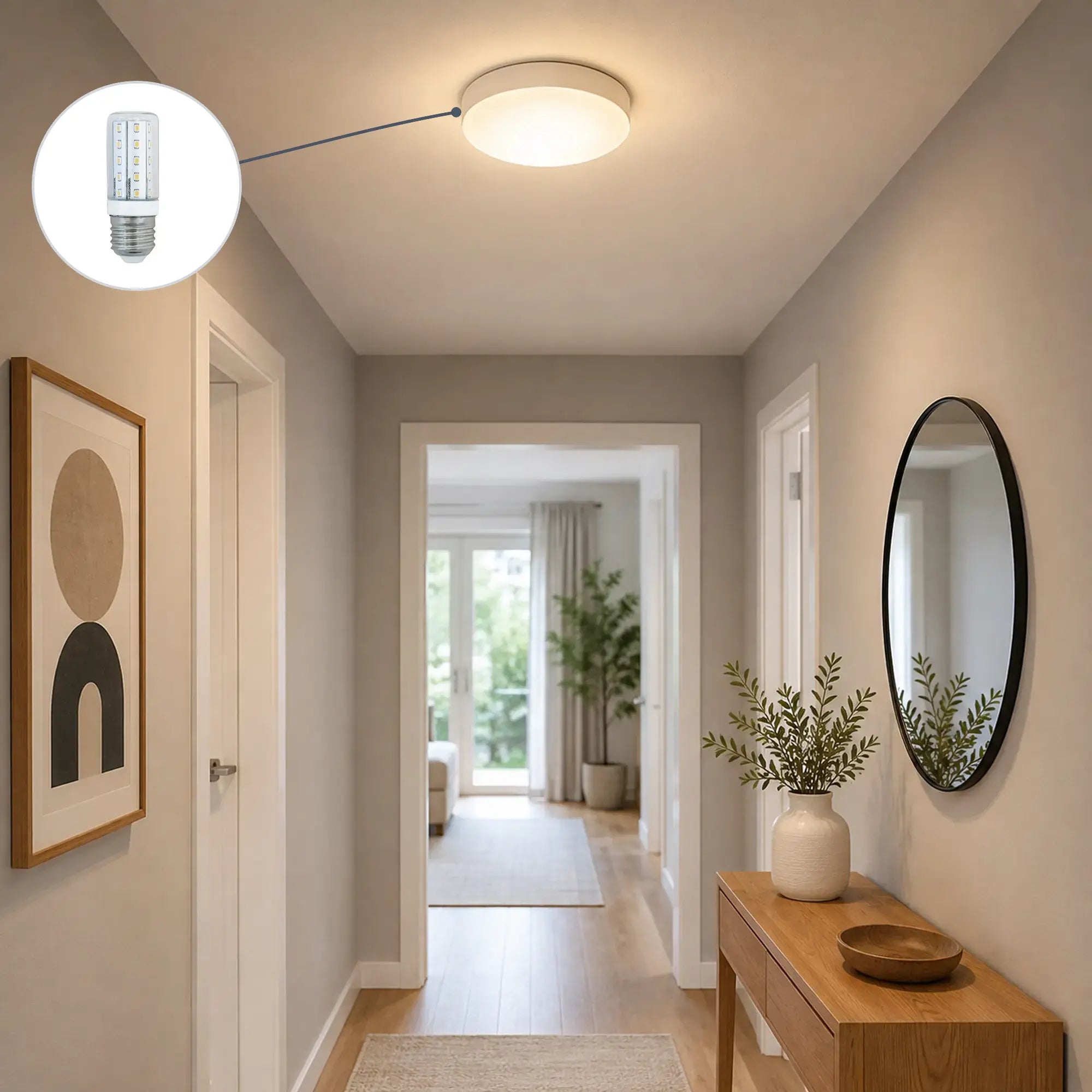 LightMe LED-Röhrenlampe LM85101-3 mit E27-Sockel für eine kompakte Deckenleuchte im Flur, 400 lm und 3000 K warmweiß