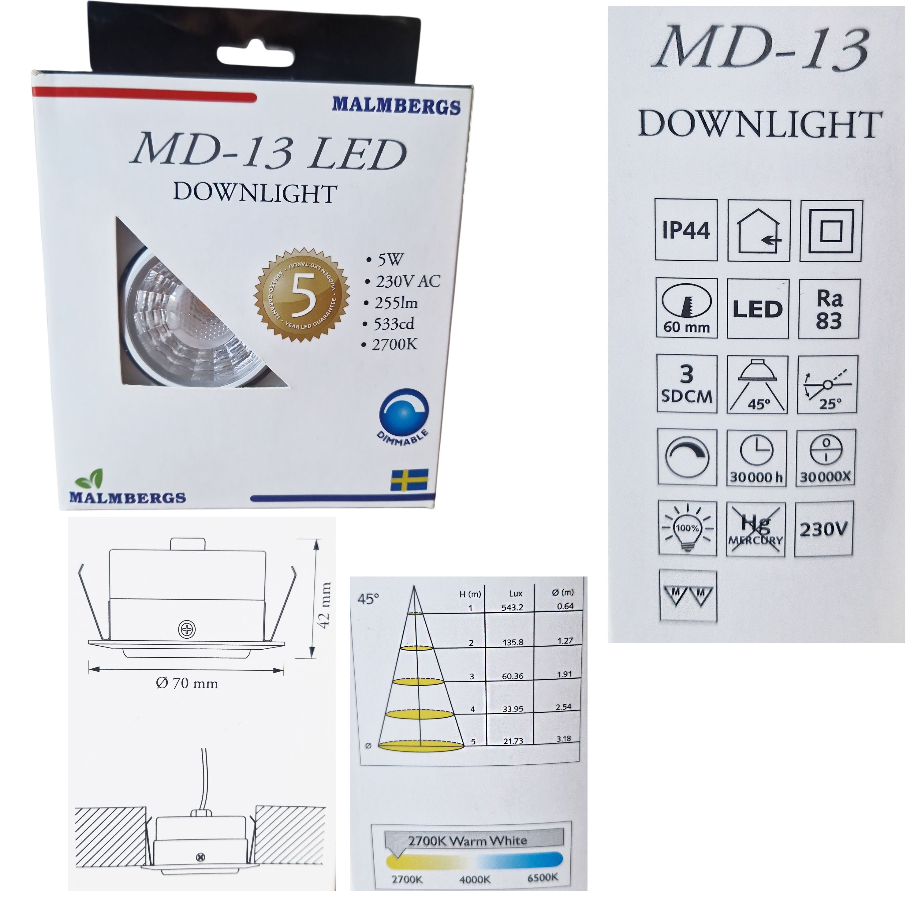 MD-13 LED Spot Downlight 42mm 70mm 60mm warmweiß 2700K dimmbar möbeleinbauleuchte MM malmbergs 9974331 7392529130478