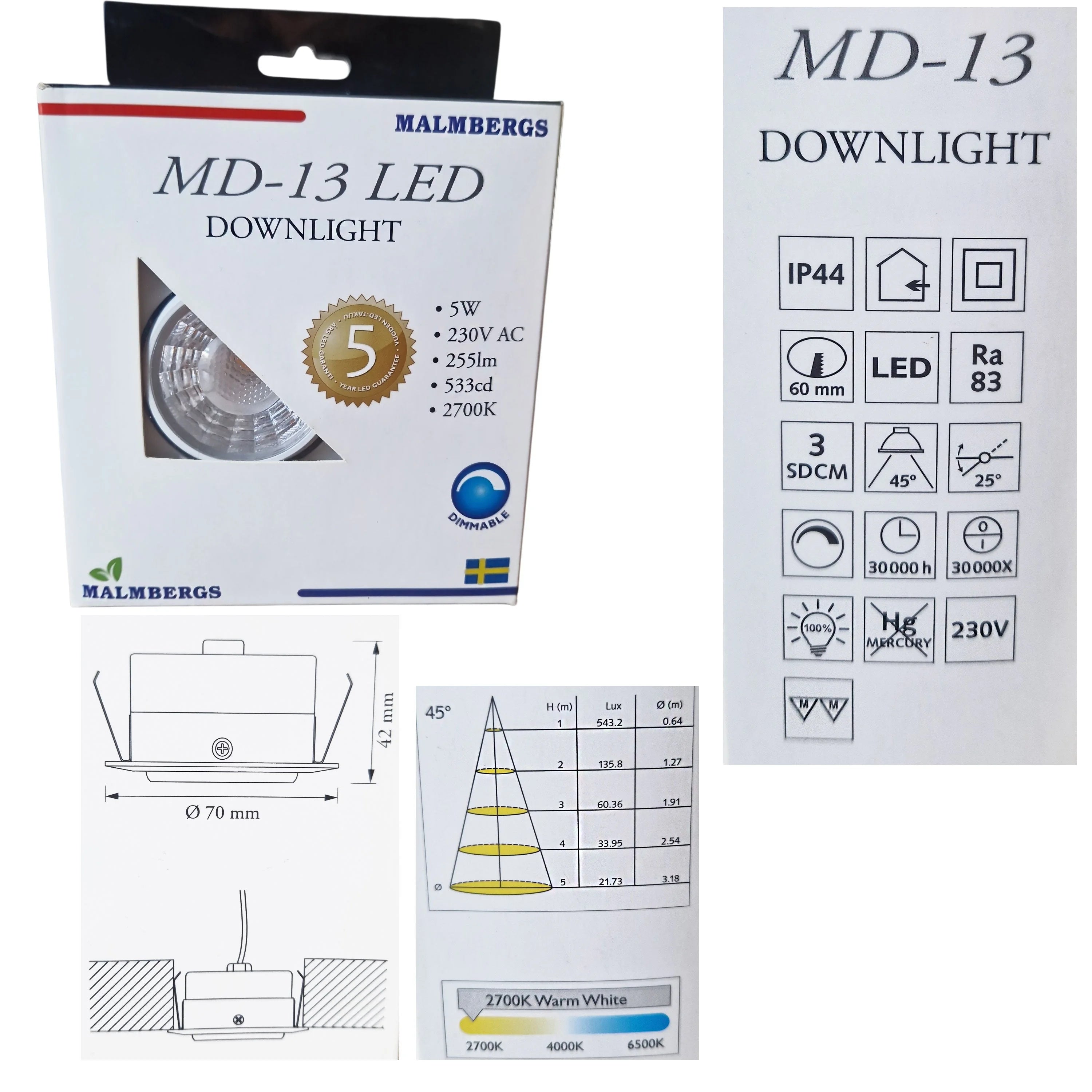MD-13 LED Spot Downlight 42mm 70mm 60mm warmweiß 2700K dimmbar möbeleinbauleuchte MM malmbergs 9974331 7392529130478