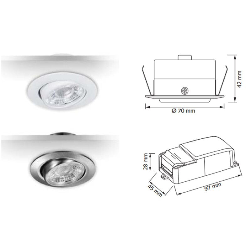 LED Einbaustrahler MD-13 Satin – 5 W, dimmbar, IP44, Ø 60 mm, ultra flach 42 mm, warmweiß 2700 K, inkl. Trafo | Malmbergs