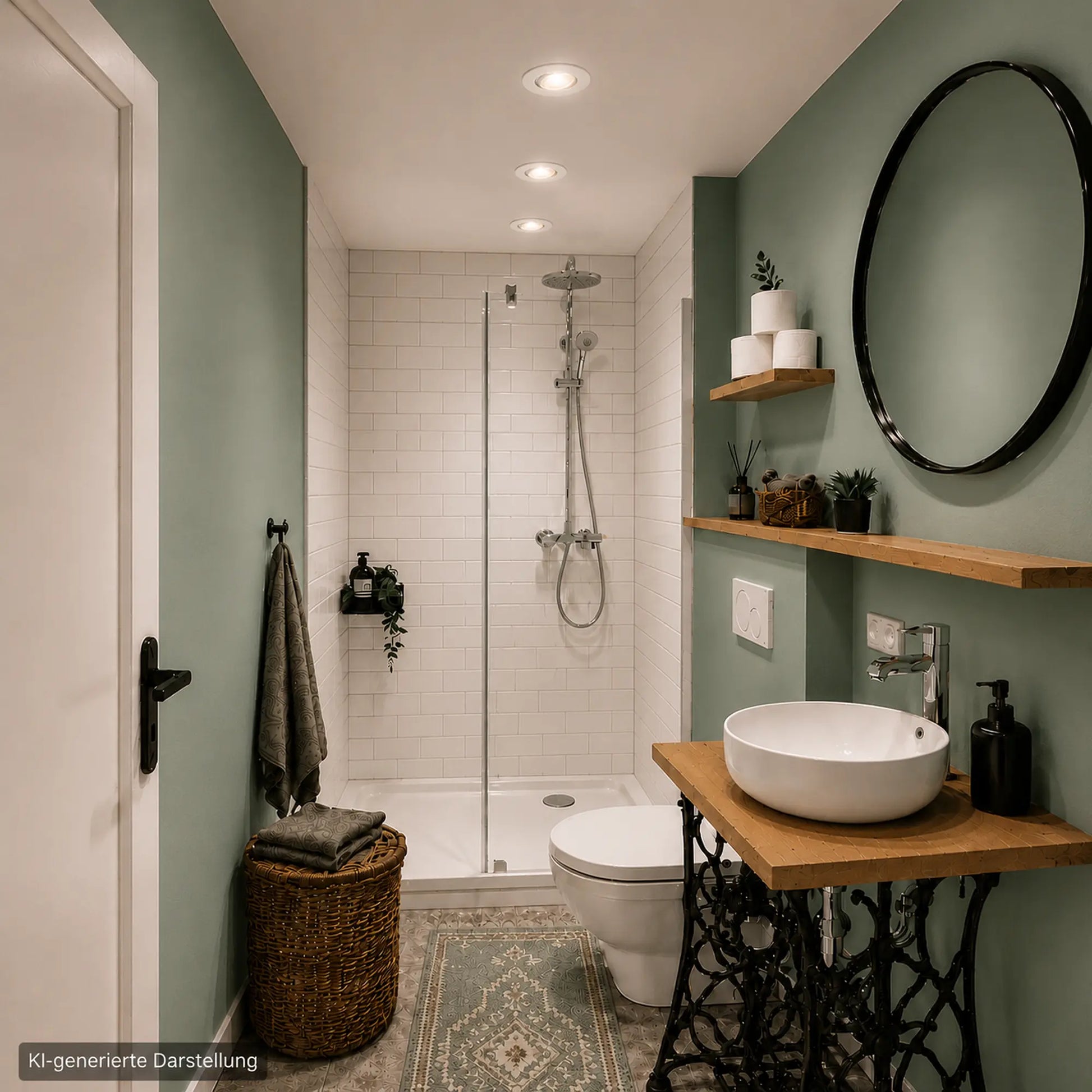 Drei weiße Malmbergs MD-350 LED-Einbauspots in einem kleinen Badezimmer mit Dusche und warmweißer Beleuchtung.