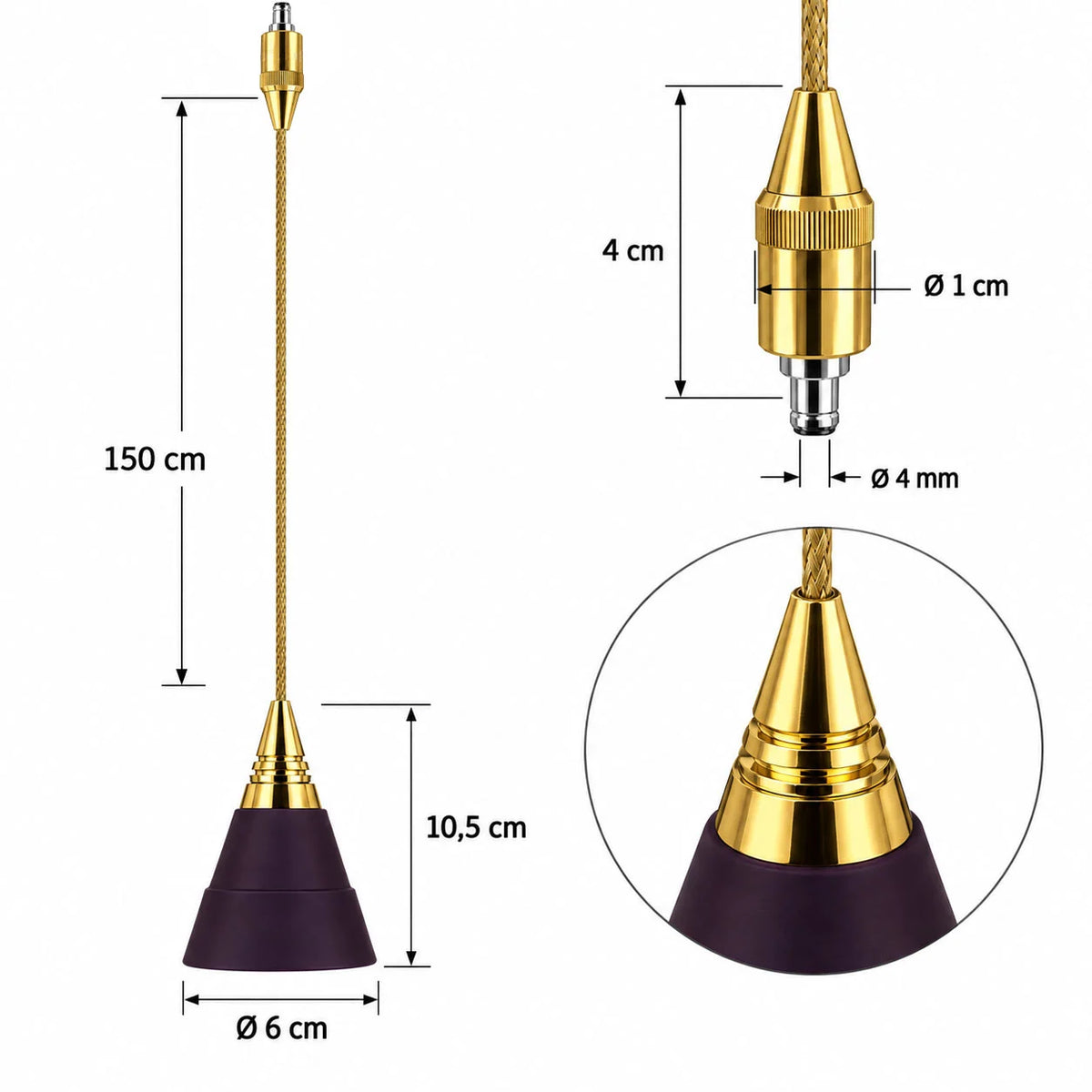 Maßangaben BRUCK VIOLA 95 goldfarbener Steckanschluss mit verchromtem Kontakt für kompatible BRUCK HIGH-LINE, VIA und FLEX-LINE 12V Systeme
