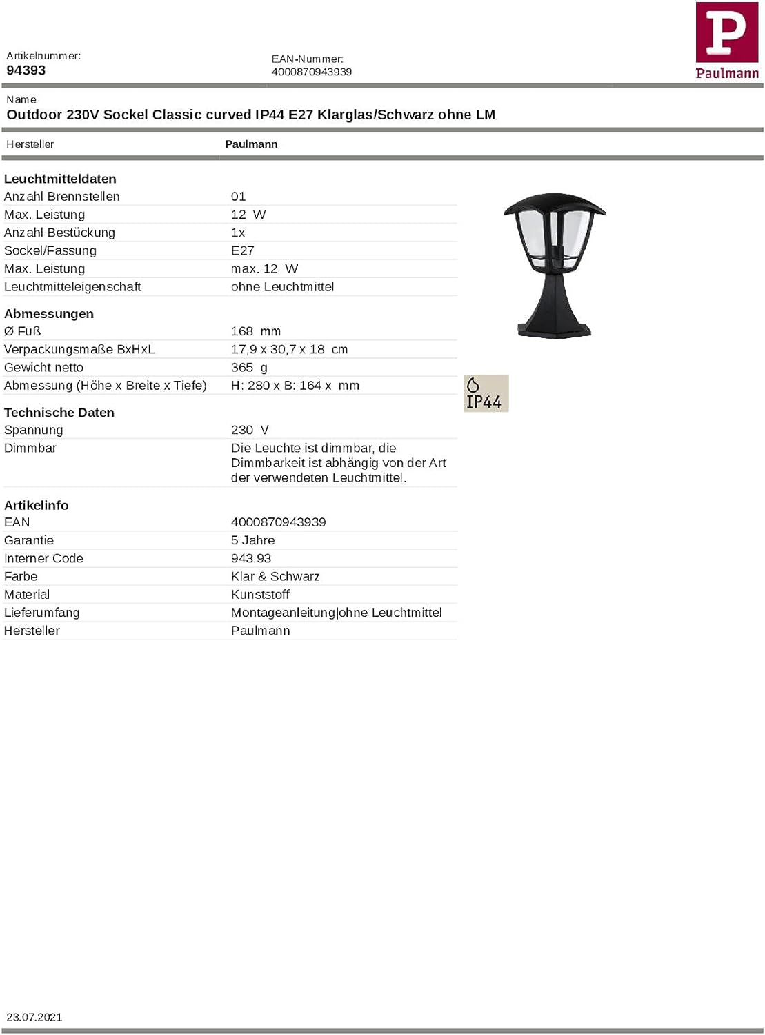 Sockelleuchte außen schwarz IP44 Classic curved E27 28cm