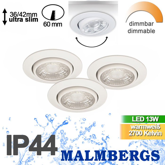 3er Set LED Einbaustrahler dimmbar schwenkbar weiß IP44 MD-13 – Einbaustrahler IP44, schwenkbar, dimmbar