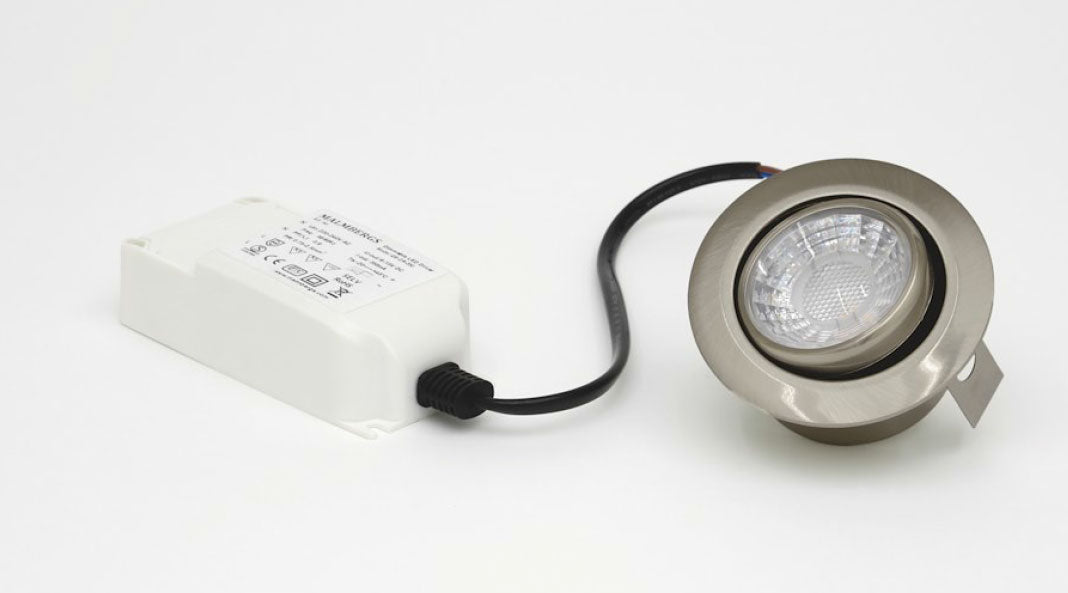 LED Einbaustrahler MD-13 Satin – 5 W, dimmbar, IP44, Ø 60 mm, ultra flach 42 mm, warmweiß 2700 K, inkl. Trafo | Malmbergs