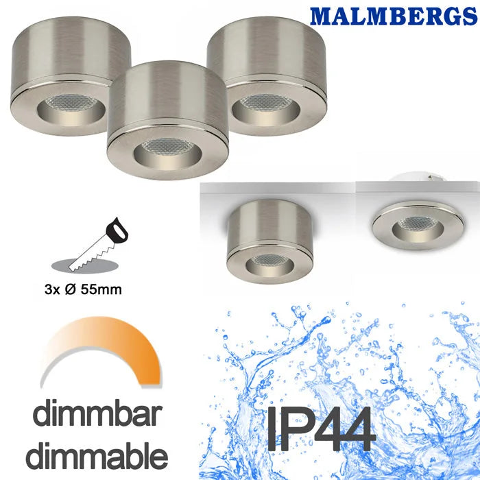 3er Set LED Spots Einbau & Aufbau dimmbar Alu IP44 55mm MD-31 – Einbaustrahler IP44, dimmbar, 55mm