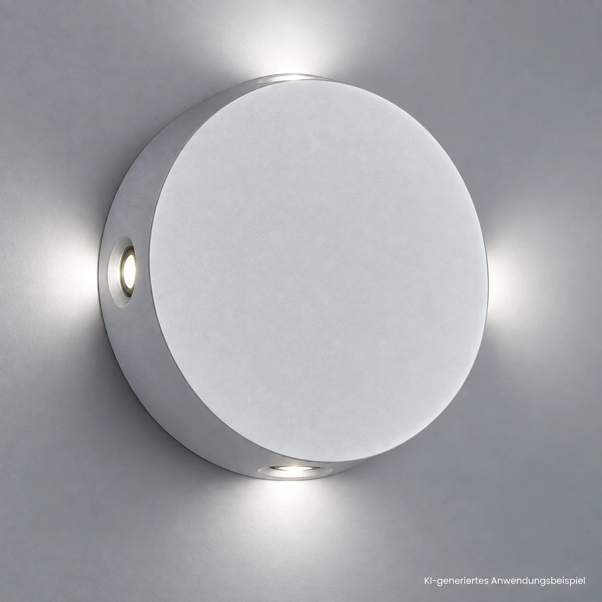 Kleine silberne indirekte Wandleuchte mit 4 LED Leuchtpunkten in runder Form, KI-generiertes Anwendungsbeispiel