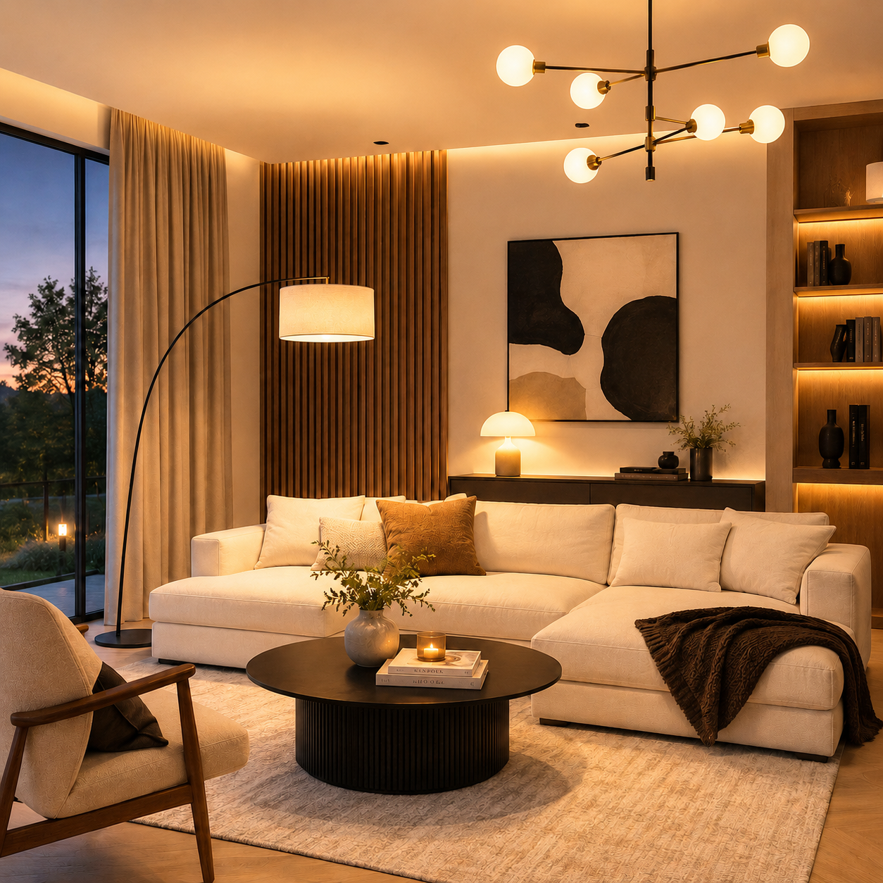 Modernes Wohnzimmer mit weissem Sofa, Bogen-Stehlampe, Tischlampe und Kugel-Kronleuchter.