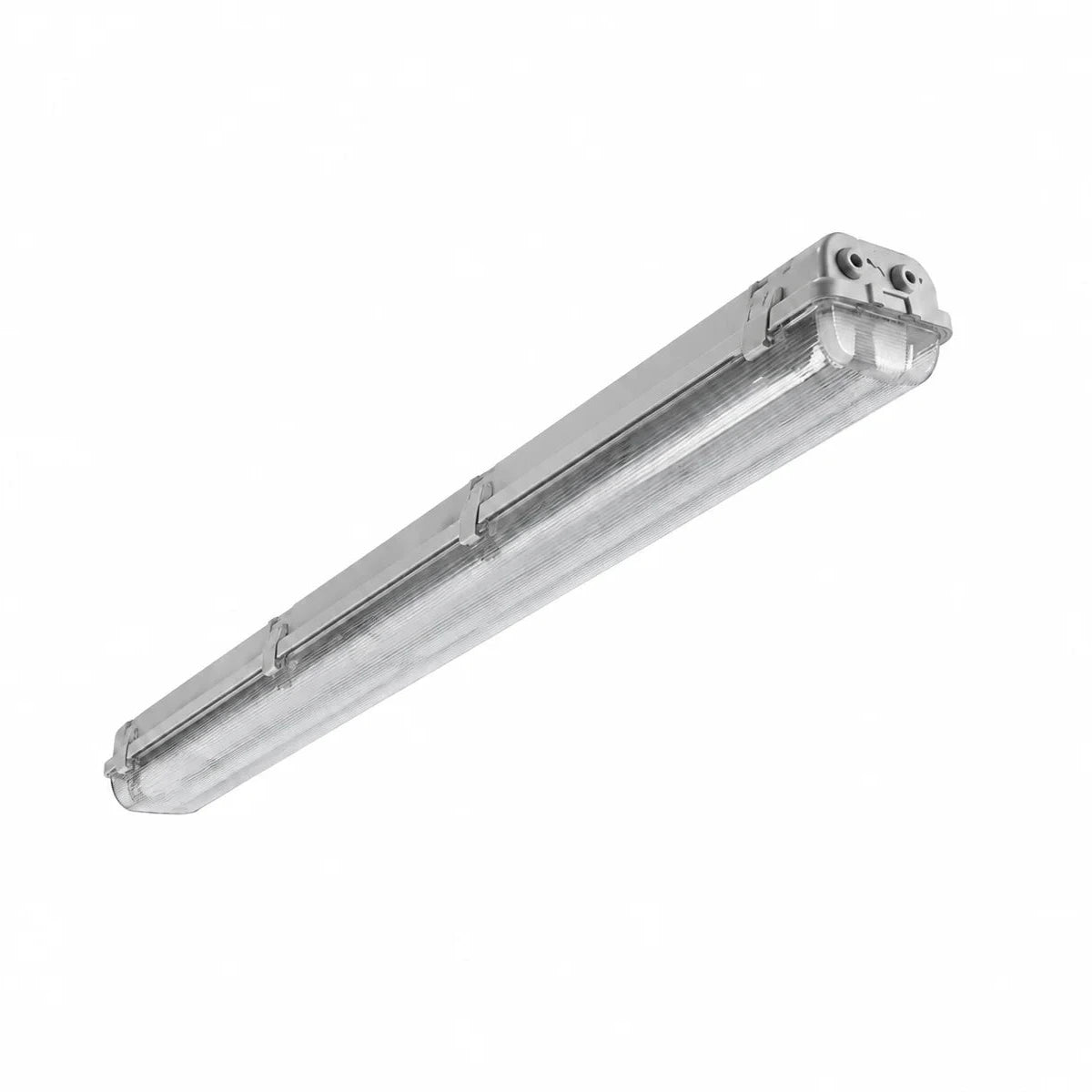 IBV Feuchtraumleuchte 746218-124 mit grauem Gehäuse und geriffelter Abdeckung, 2 × 18 W, IP65, freigestellt auf weißem Hintergrund, Artikelnummer SW2837