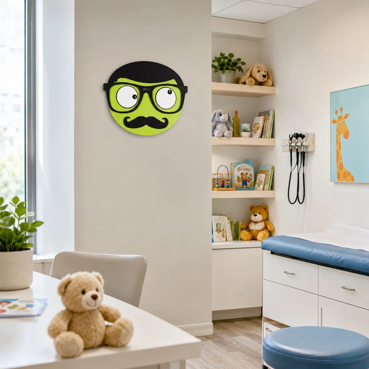 Grüne Kinder Wanduhr Mr. Mustache als Wanddekoration in einer Kinderarztpraxis