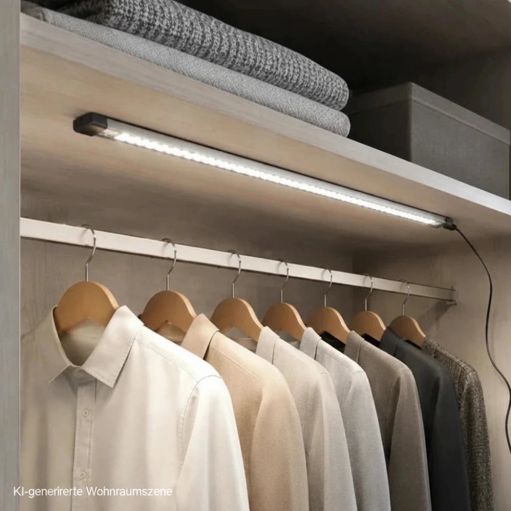 Olbia LED Lichtleiste 7 W, 50 cm, eingeschaltet unter einem Regal in einem hellen Ankleideraum montiert und beleuchtet Kleidung und Ablagefläche in neutralweiß.