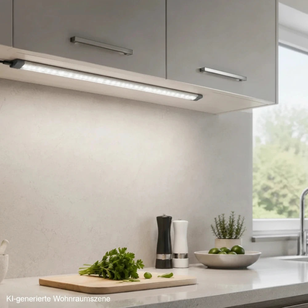 Olbia LED Lichtleiste 7 W, 50 cm, eingeschaltet unter einem Hängeschrank in einer modernen Küche montiert, mit sichtbarem Kabel.