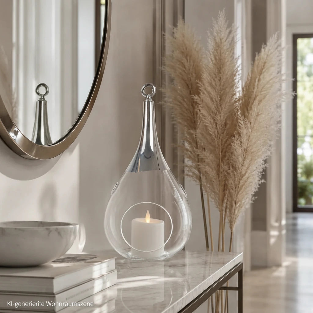 Sompex Taura Glas-Windlicht mit Chromabschluss und leuchtender Kerze als moderne Dekoration auf einer hellen Konsole