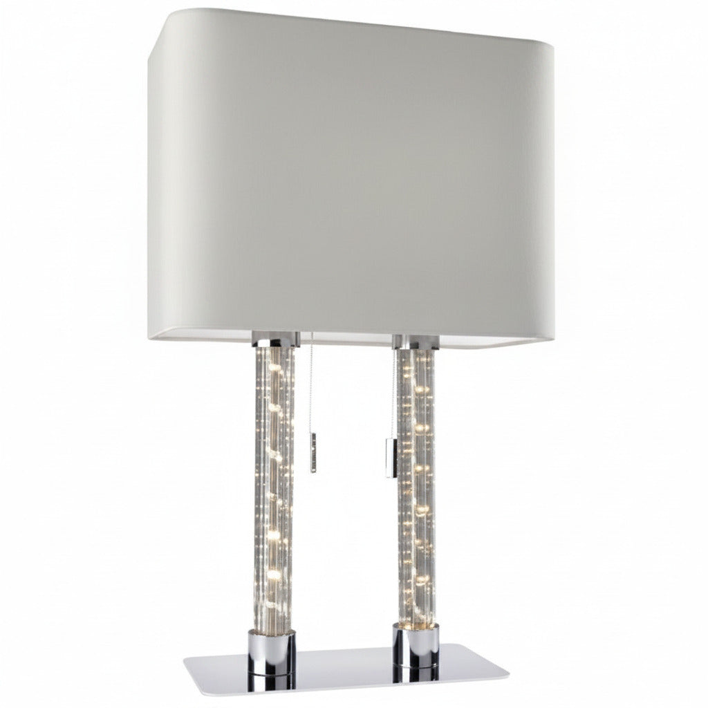 Ovale Tischleuchte mit LED Lichtsäule Double Stoff hell grau Tischlampe