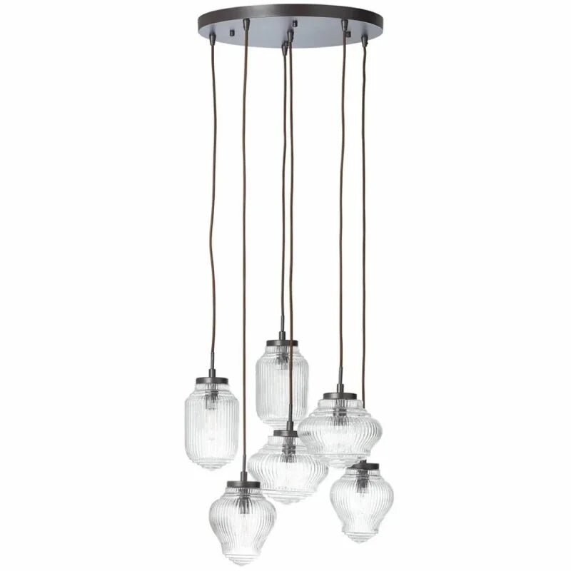 Brilliant Catha Pendelleuchte 6-flammig in Braun mit sechs klaren geriffelten Lampengläsern und eleganter Glasoptik