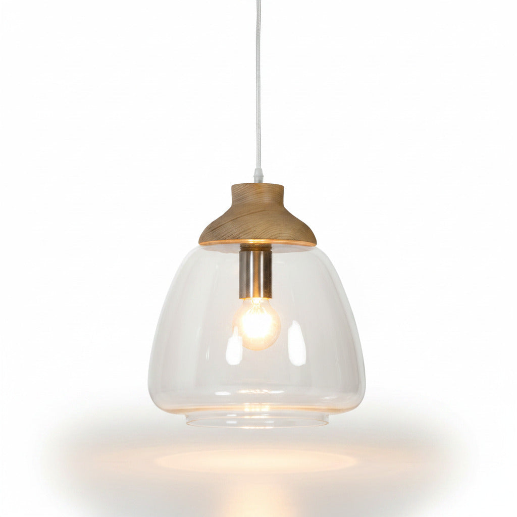 Pendelleuchte Sienna bauchiges Glas klar mit Holzelement – Pendelleuchte E27