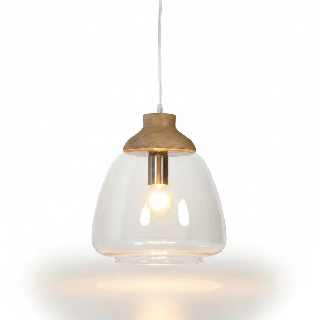Pendelleuchte Sienna bauchiges Glas klar mit Holzelement – Pendelleuchte E27