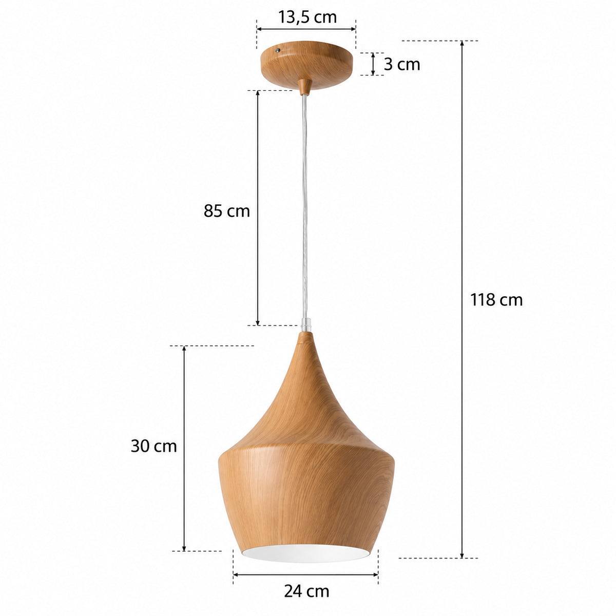 Maßzeichnung der Oasis Pendelleuchte mit 24 cm Schirmdurchmesser, 30 cm Schirmhöhe und 118 cm Gesamthöhe