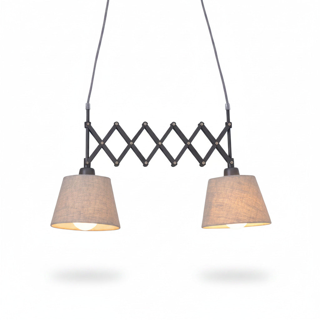 Esstischlampe mit Scherenarm 2flg Breite ausziehbar Stoffschirme beige – Pendelleuchte E27
