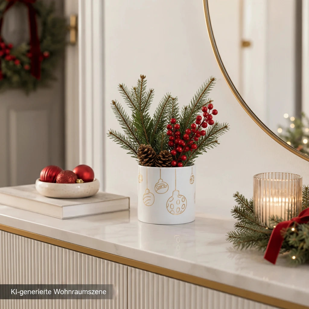 Kleine Porzellan Vase Weiß Gold mit Tannengrün und roten Beeren auf einer weihnachtlich dekorierten Konsole