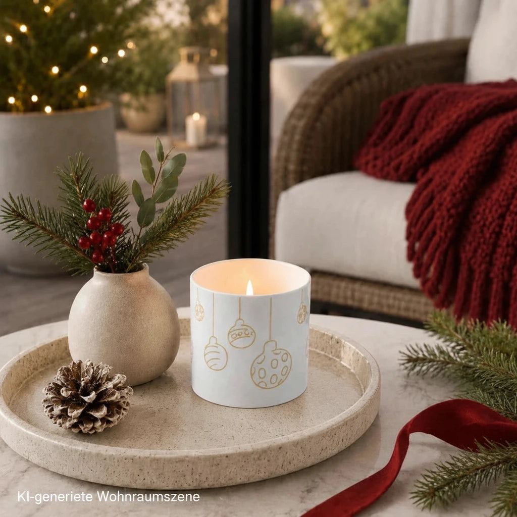 Weiß-goldenes Porzellan Teelichtglas mit leuchtender Kerze, Tannengrün und roten Weihnachtsakzenten