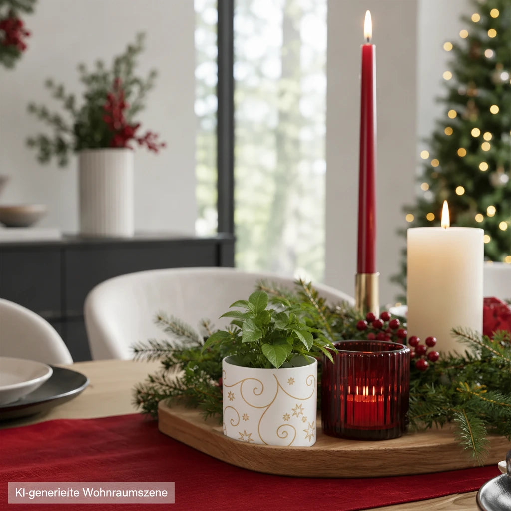 Weihnachtliches Porzellan-Teelichtglas in Weiß und Gold auf festlich dekoriertem Esstisch mit roten und grünen Akzenten