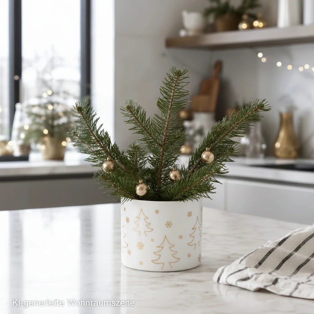 Weißer Porzellan-Teelichthalter mit goldfarbenem Weihnachtsmotiv und dekorierten Tannenzweigen in einer modernen Küche.